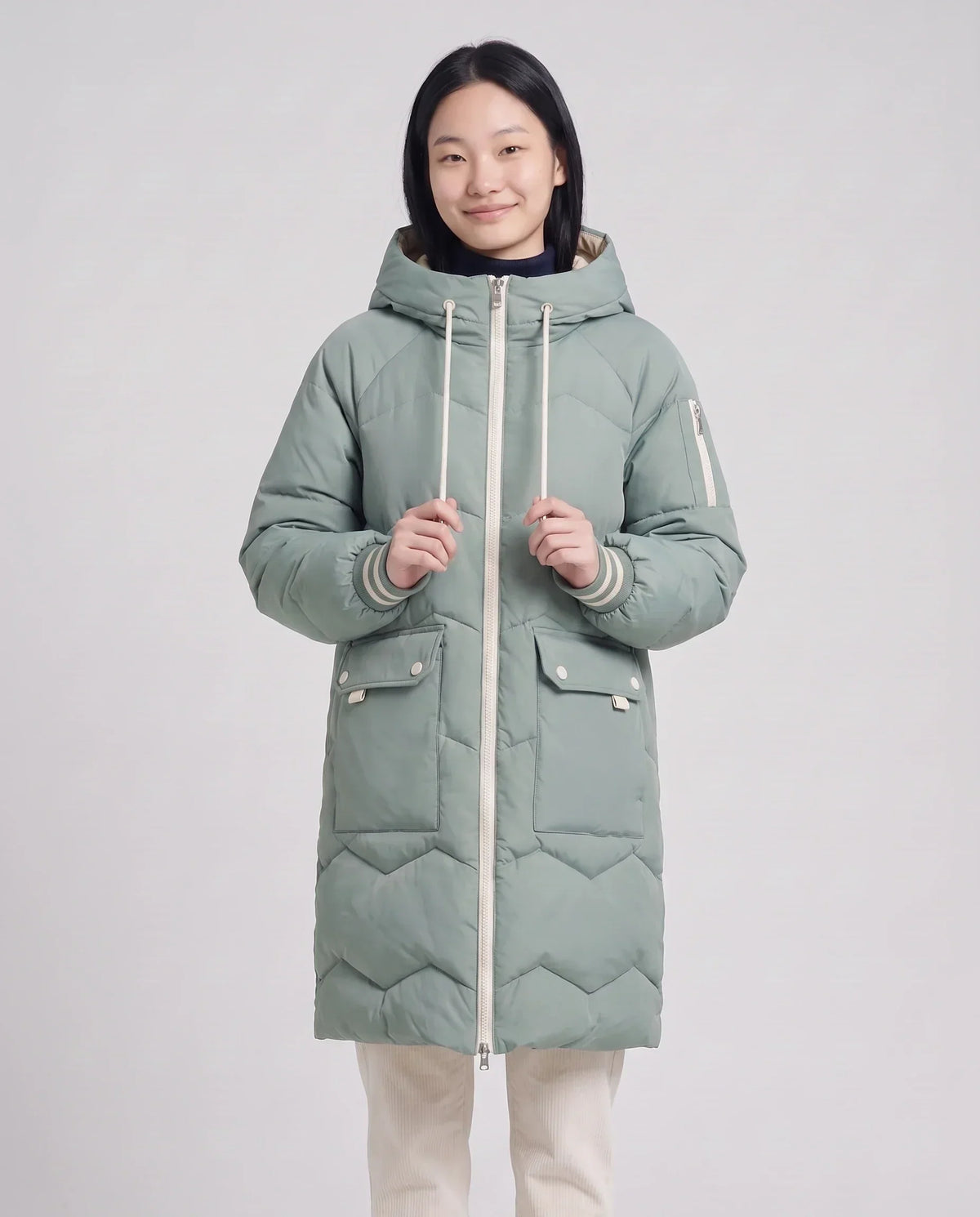 Long Oversized Hooded Puffer Jacket with Chevron Quilting