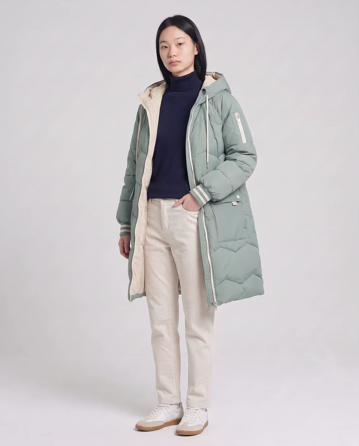 Long Oversized Hooded Puffer Jacket with Chevron Quilting