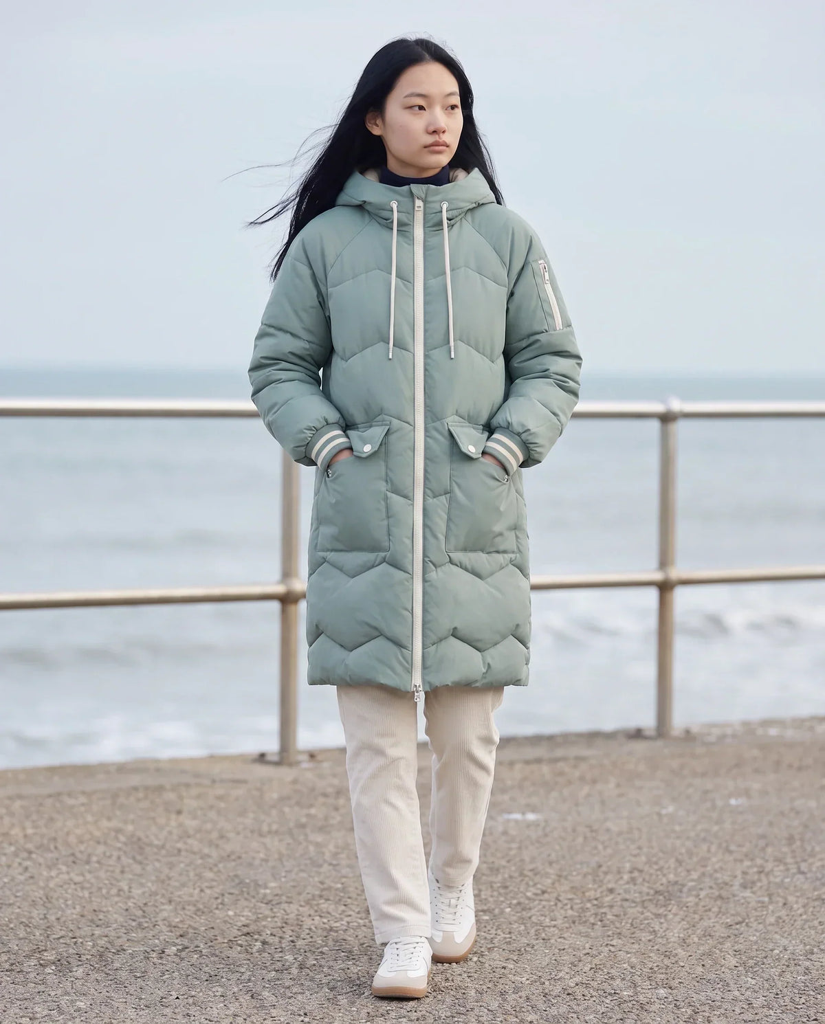 Long Oversized Hooded Puffer Jacket with Chevron Quilting