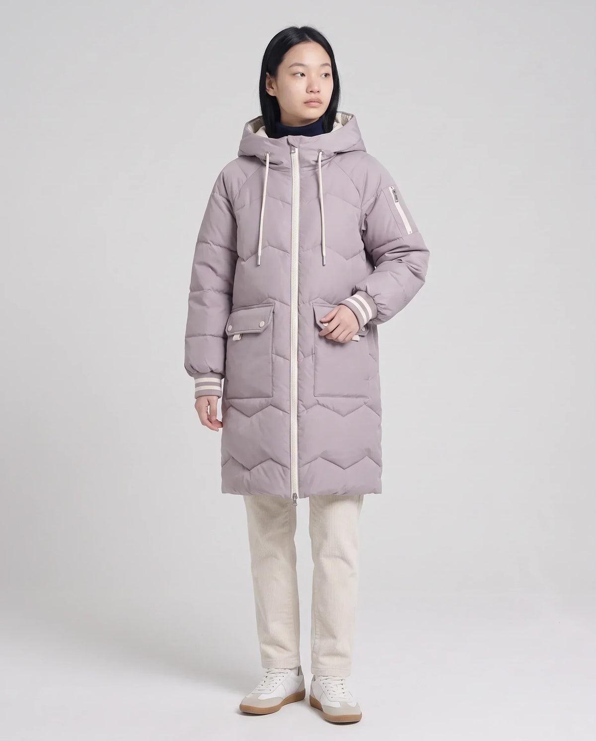 Long Oversized Hooded Puffer Jacket with Chevron Quilting