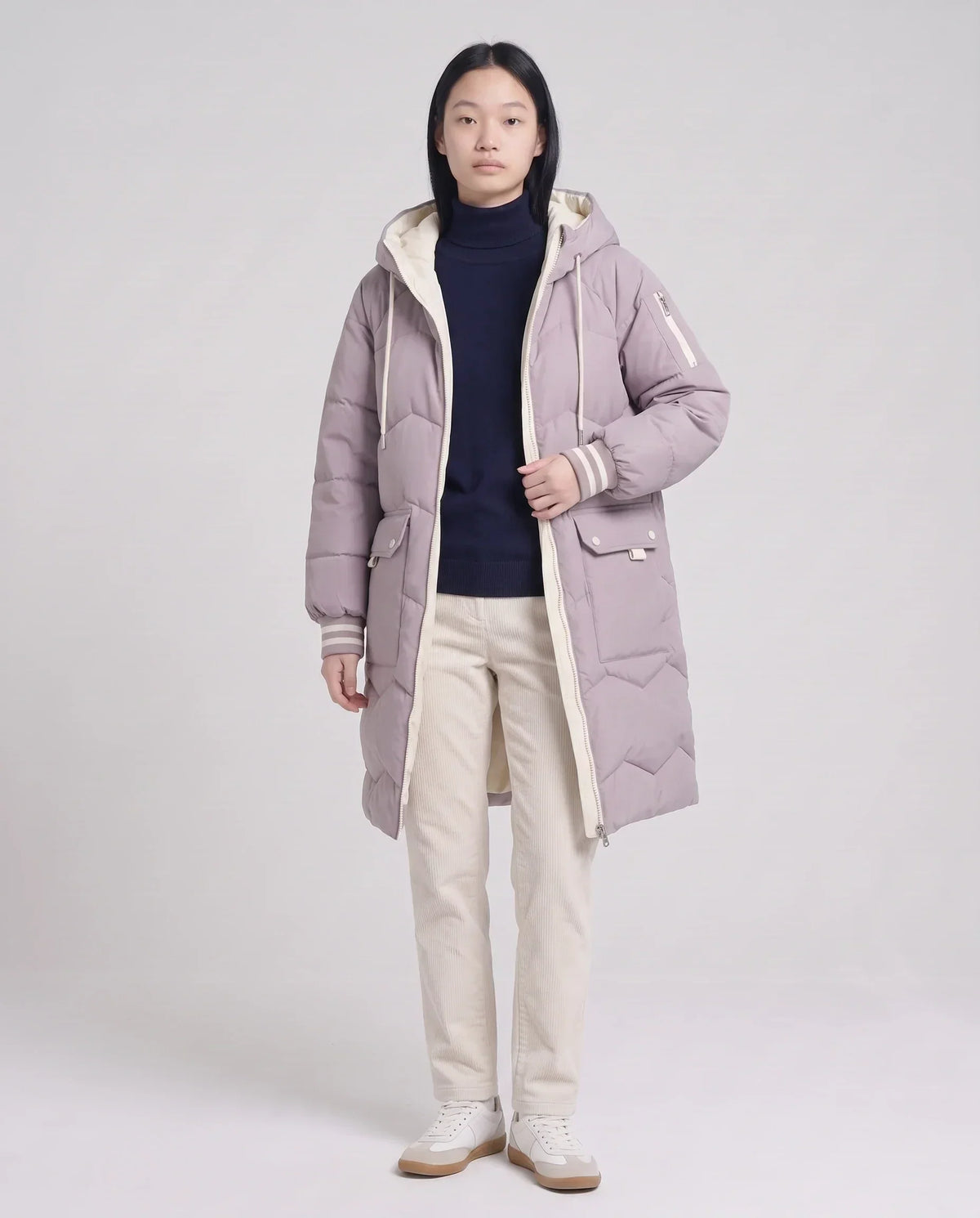 Long Oversized Hooded Puffer Jacket with Chevron Quilting