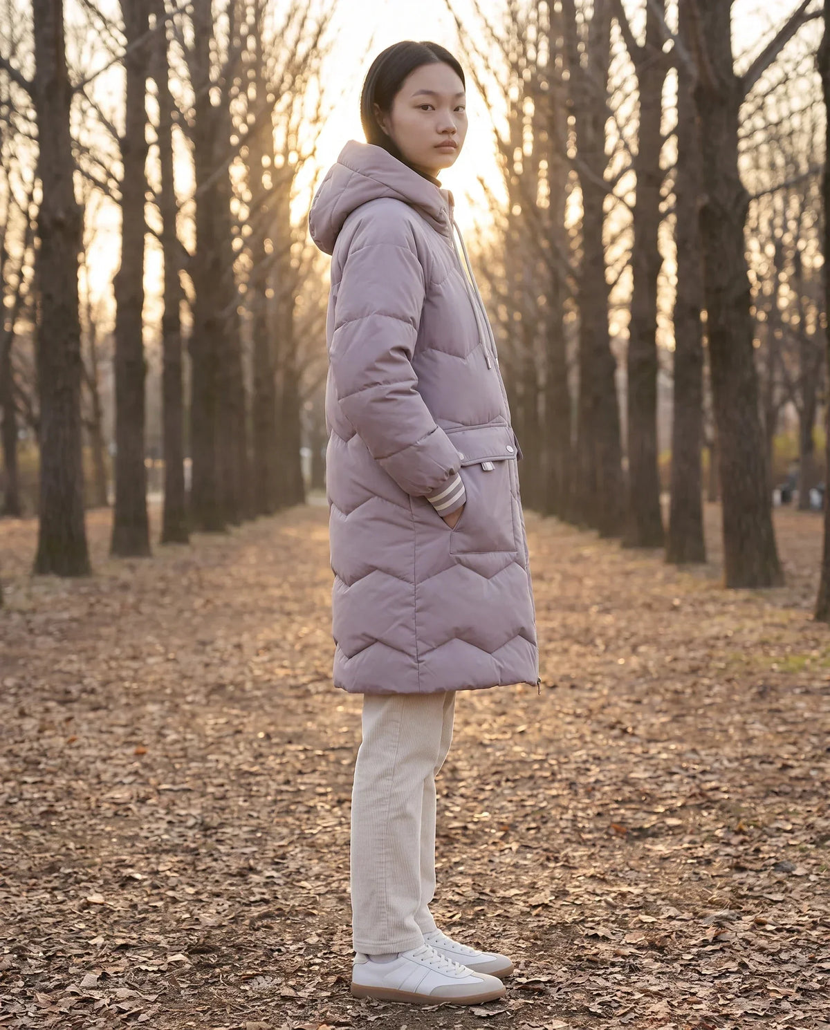 Long Oversized Hooded Puffer Jacket with Chevron Quilting