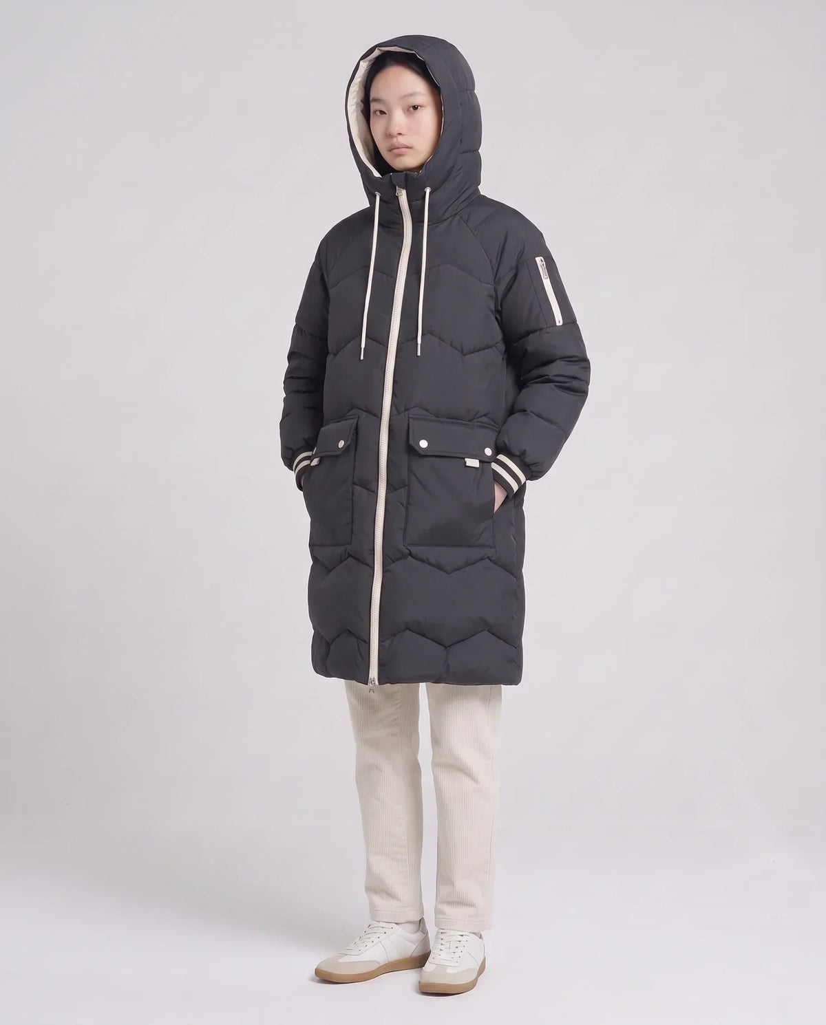 Long Oversized Hooded Puffer Jacket with Chevron Quilting