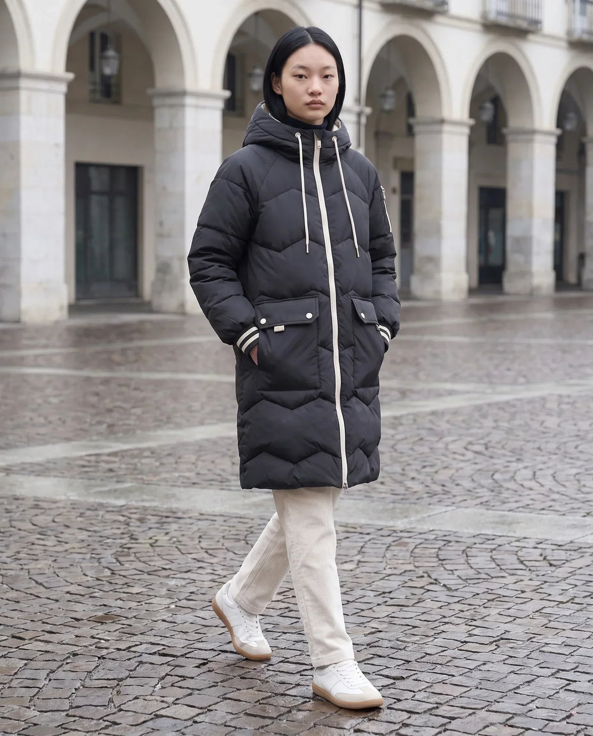 Long Oversized Hooded Puffer Jacket with Chevron Quilting
