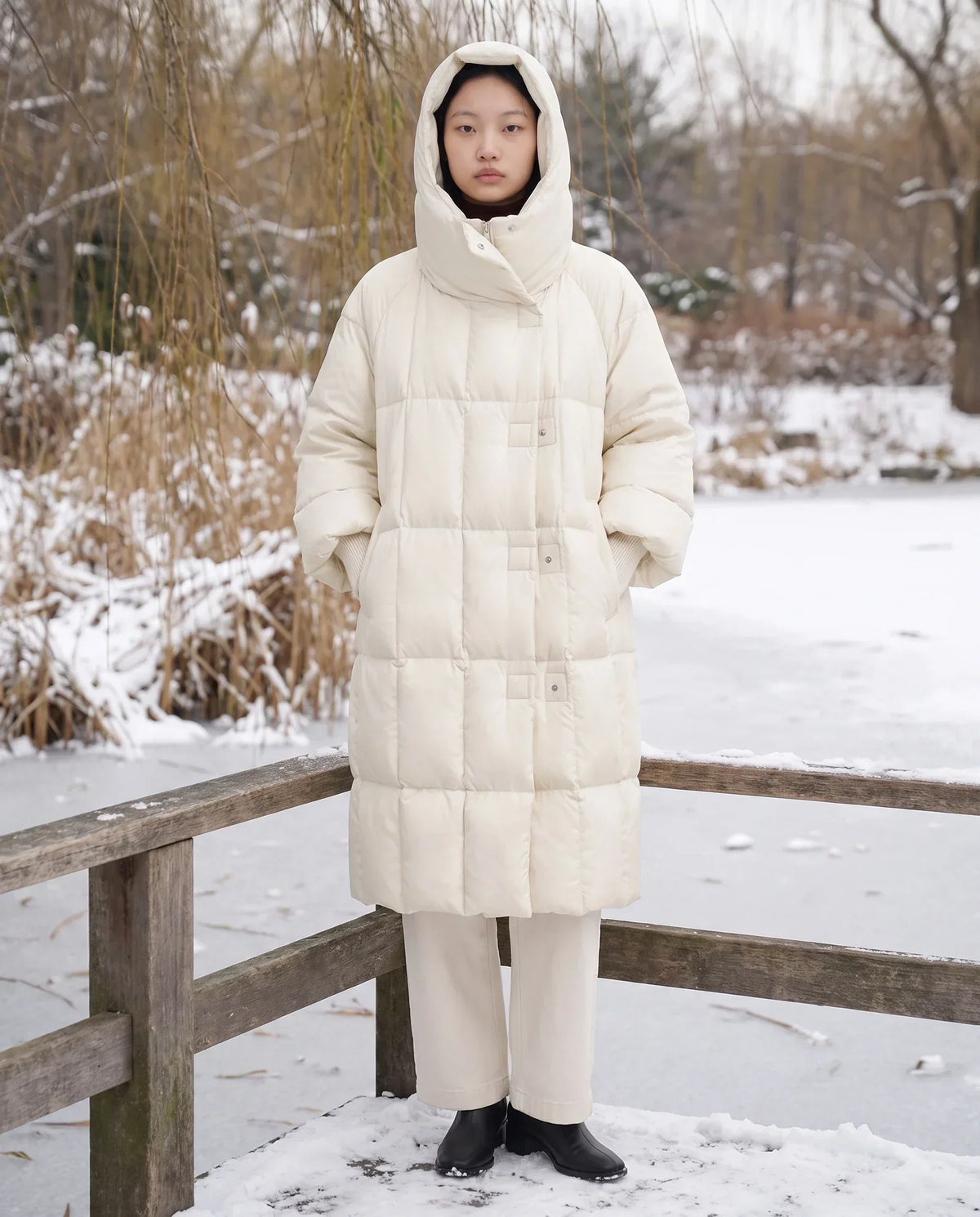 Long Oversized Puffer Jacket with Zip Hood Collar