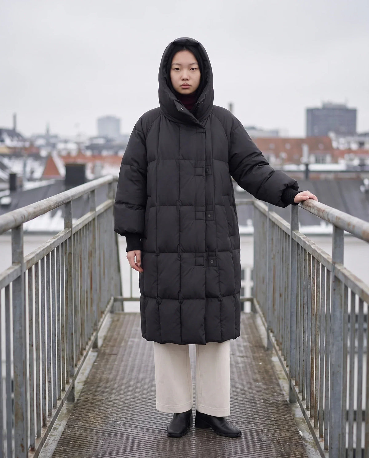 Long Oversized Puffer Jacket with Zip Hood Collar