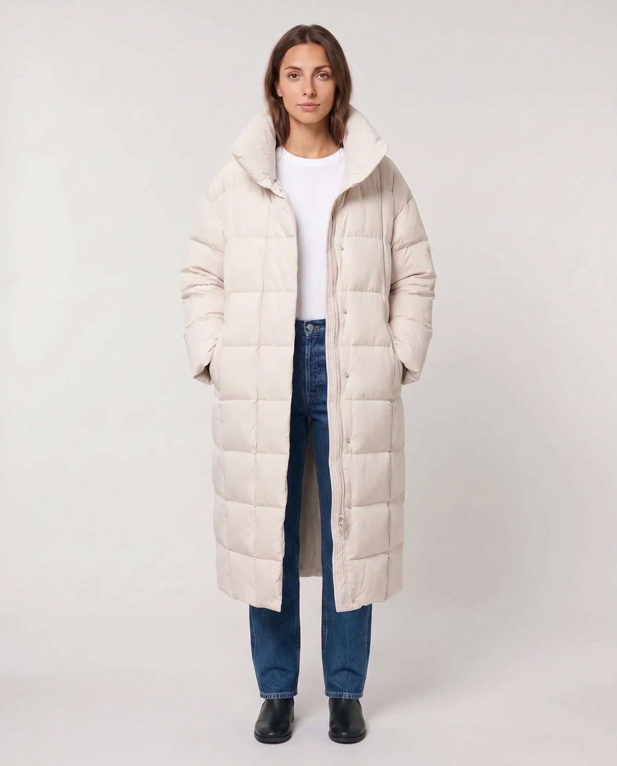 Long Oversized Puffer Jacket with Funnel Collar, No Hood