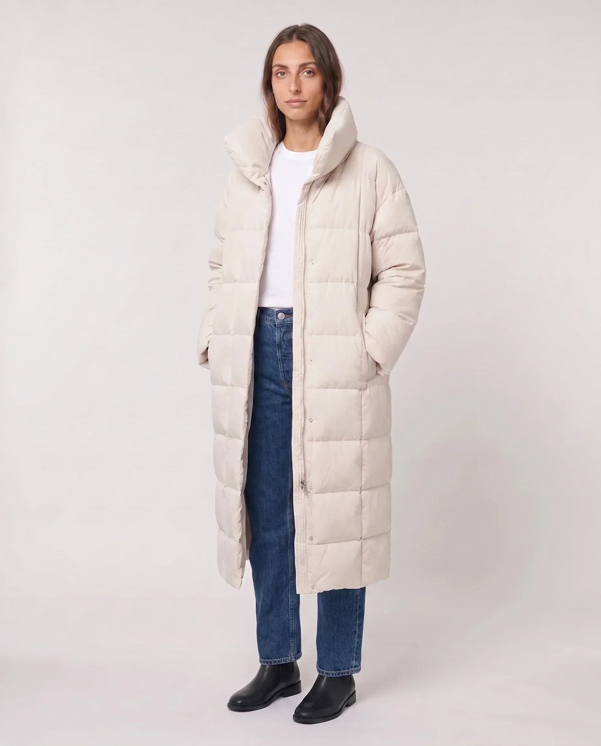 Long Oversized Puffer Jacket with Funnel Collar, No Hood