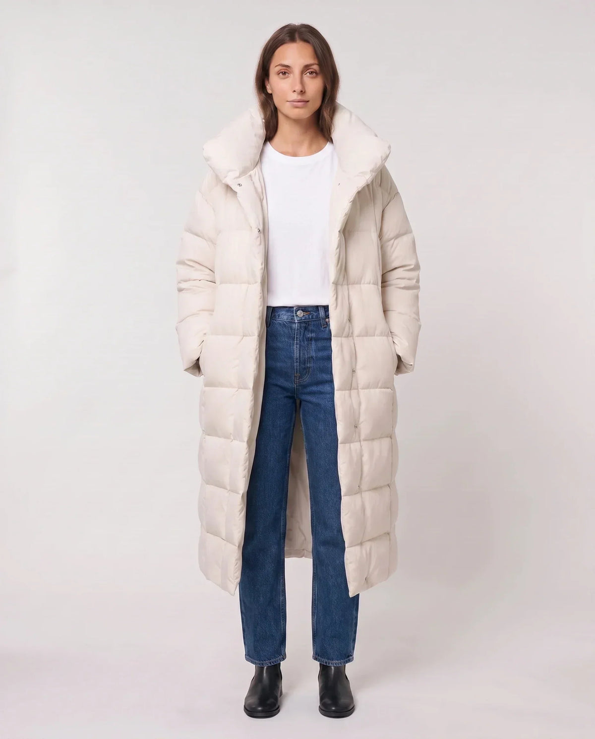 Long Oversized Puffer Jacket with Funnel Collar, No Hood