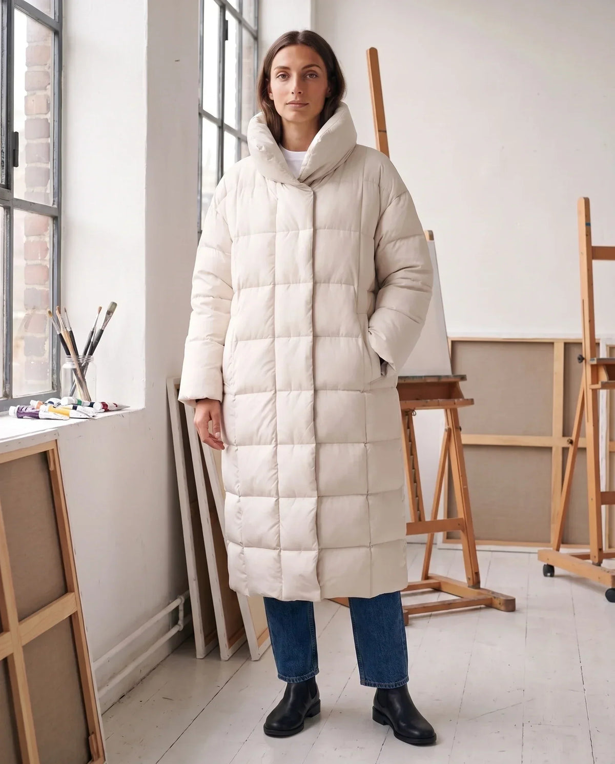Long Oversized Puffer Jacket with Funnel Collar, No Hood