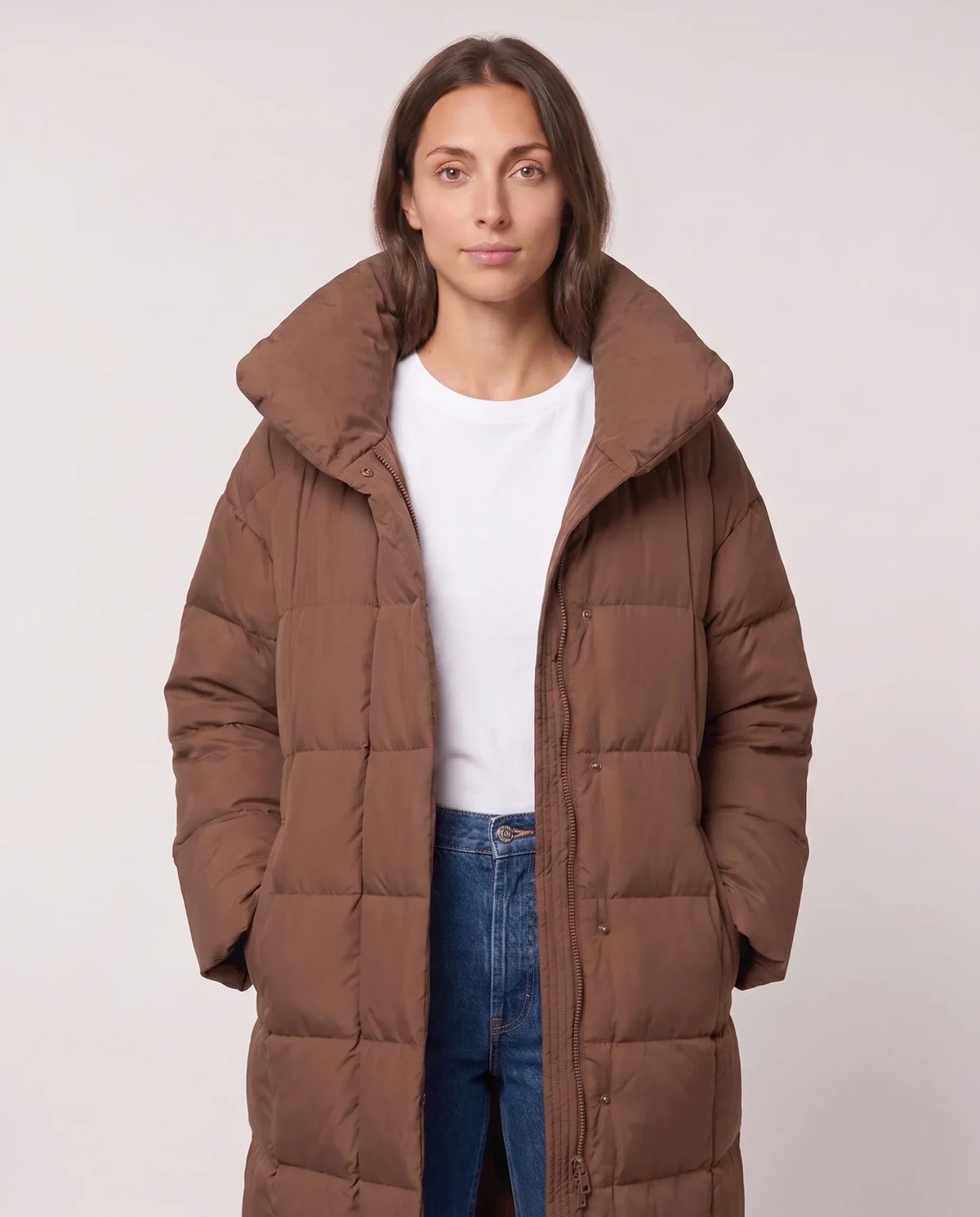 Long Oversized Puffer Jacket with Funnel Collar, No Hood