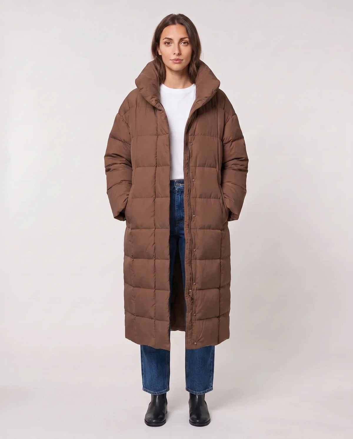 Long Oversized Puffer Jacket with Funnel Collar, No Hood