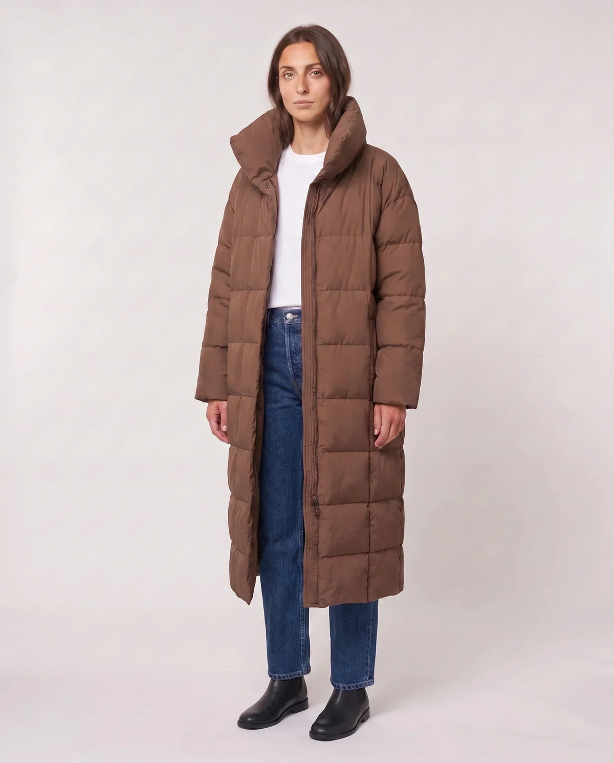 Long Oversized Puffer Jacket with Funnel Collar, No Hood