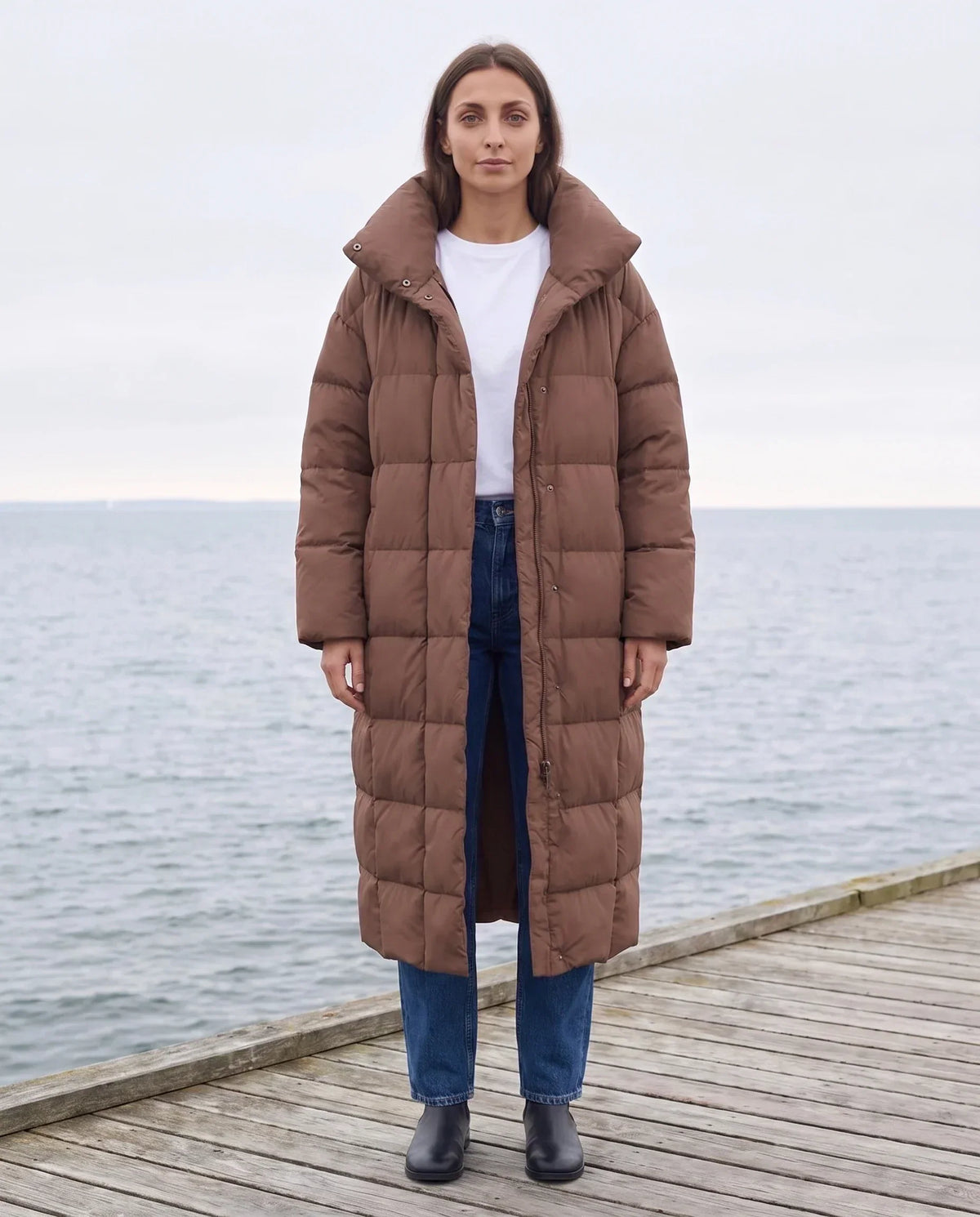 Long Oversized Puffer Jacket with Funnel Collar, No Hood