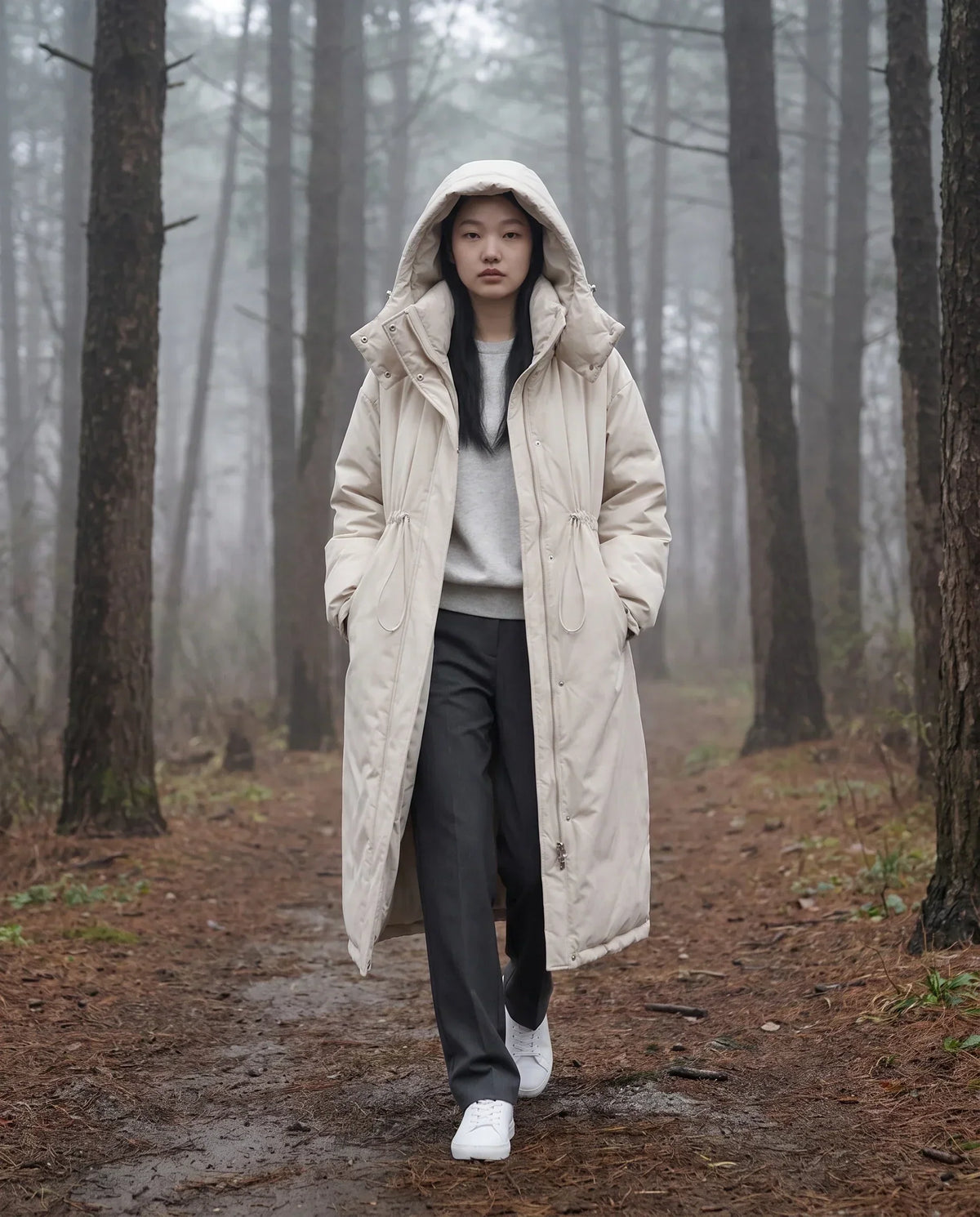 Long Oversized Puffer Jacket with Funnel Collar and Hood