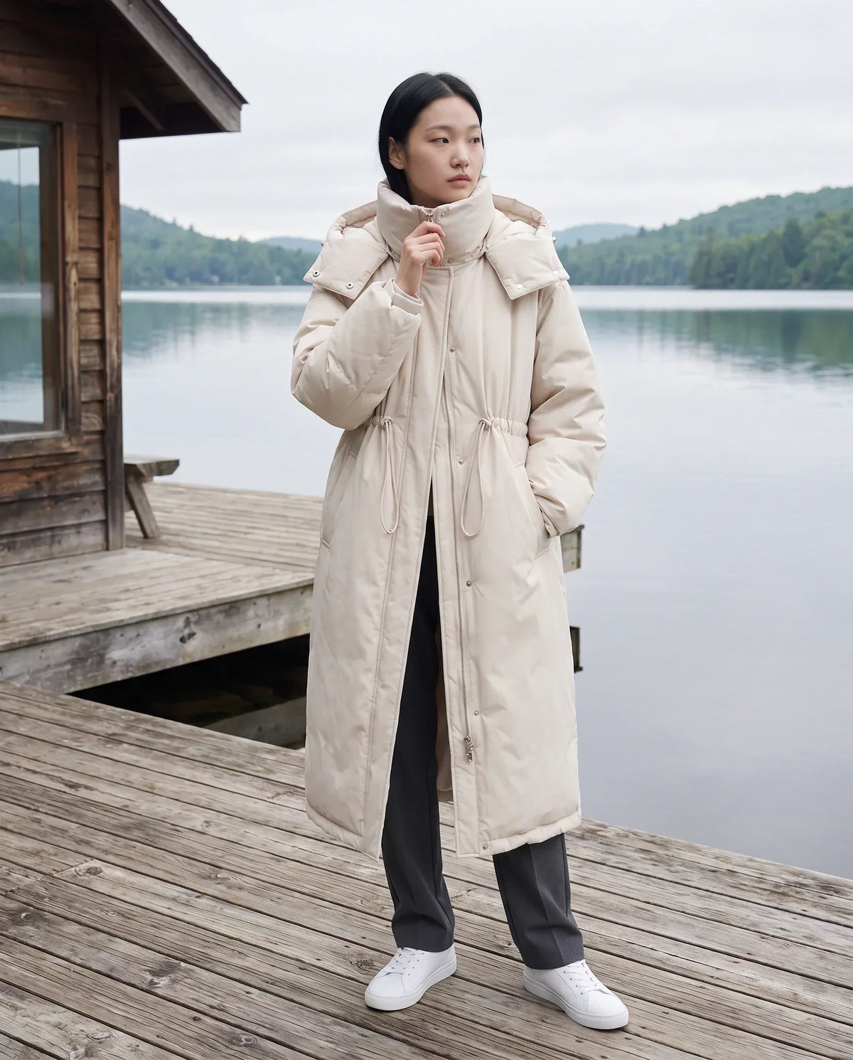 Long Oversized Puffer Jacket with Funnel Collar and Hood