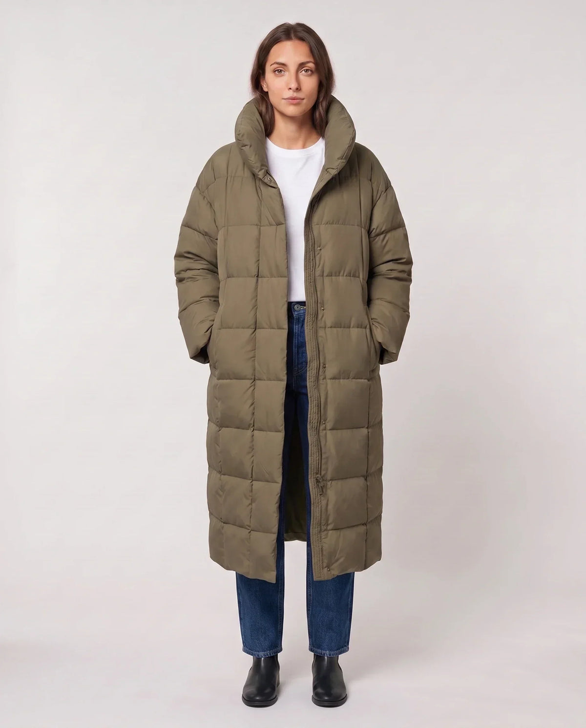 Long Oversized Puffer Jacket with Funnel Collar, No Hood