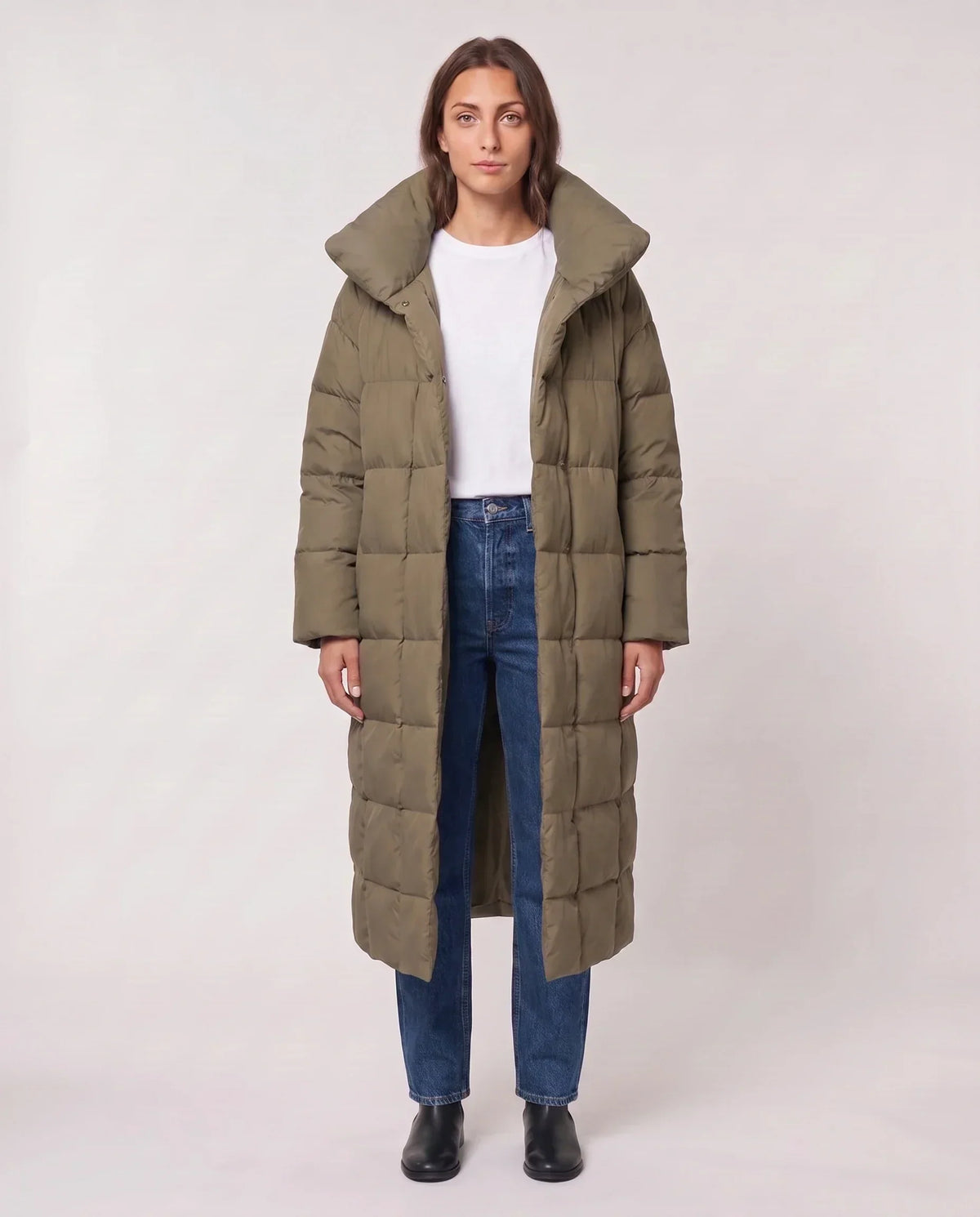 Long Oversized Puffer Jacket with Funnel Collar, No Hood