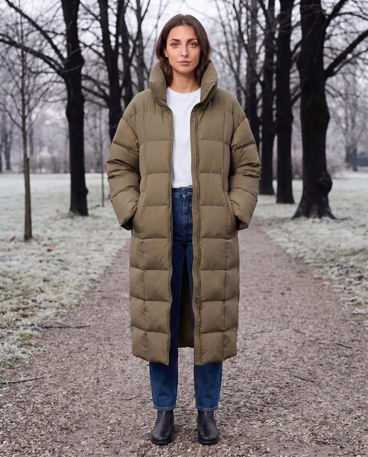 Long Oversized Puffer Jacket with Funnel Collar, No Hood