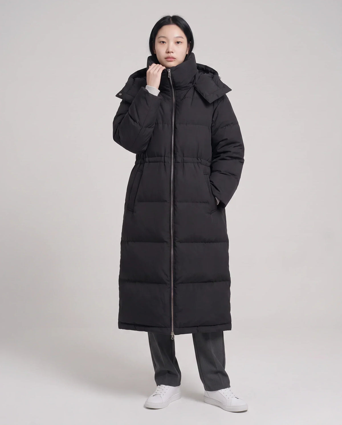 Long Oversized Puffer Jacket with Funnel Collar and Hood