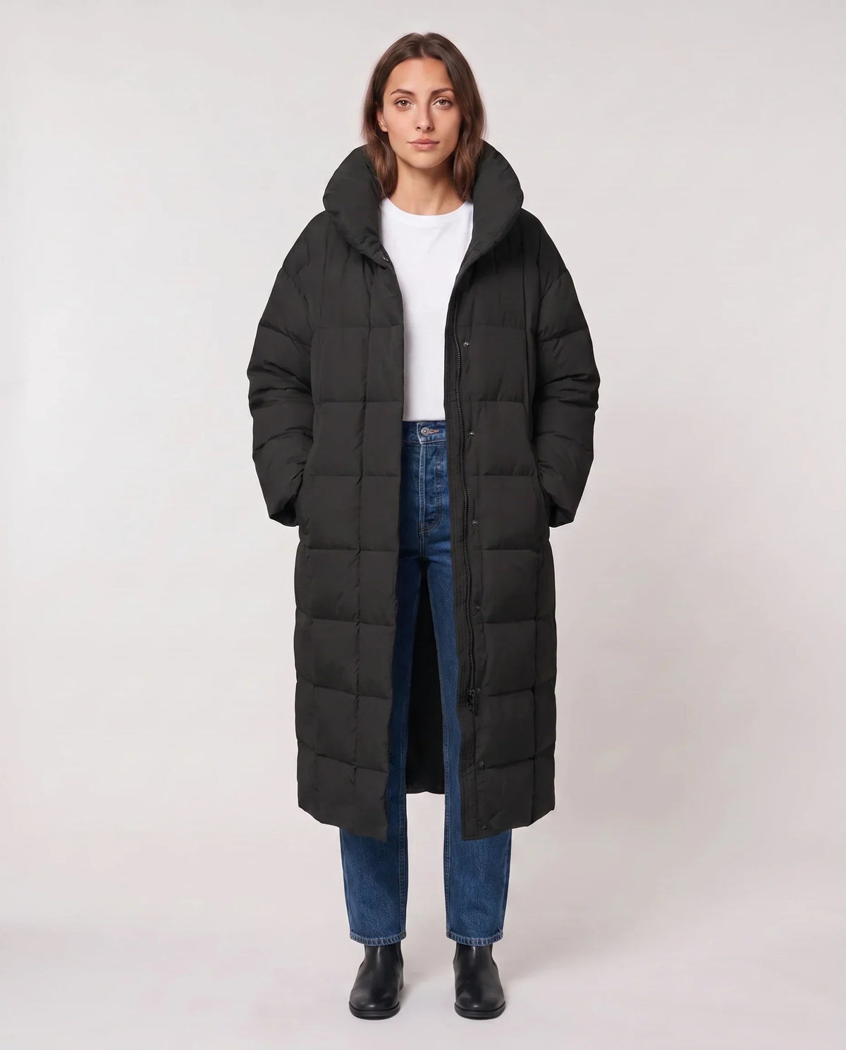 Long Oversized Puffer Jacket with Funnel Collar, No Hood