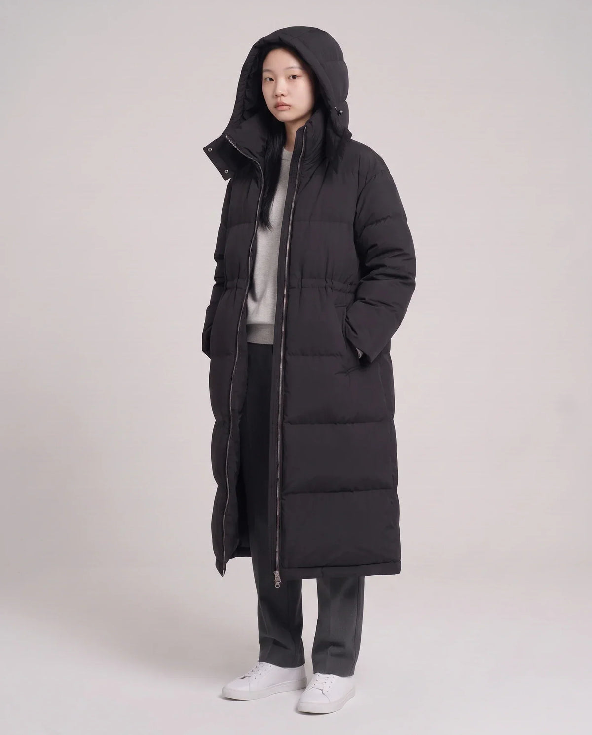 Long Oversized Puffer Jacket with Funnel Collar and Hood