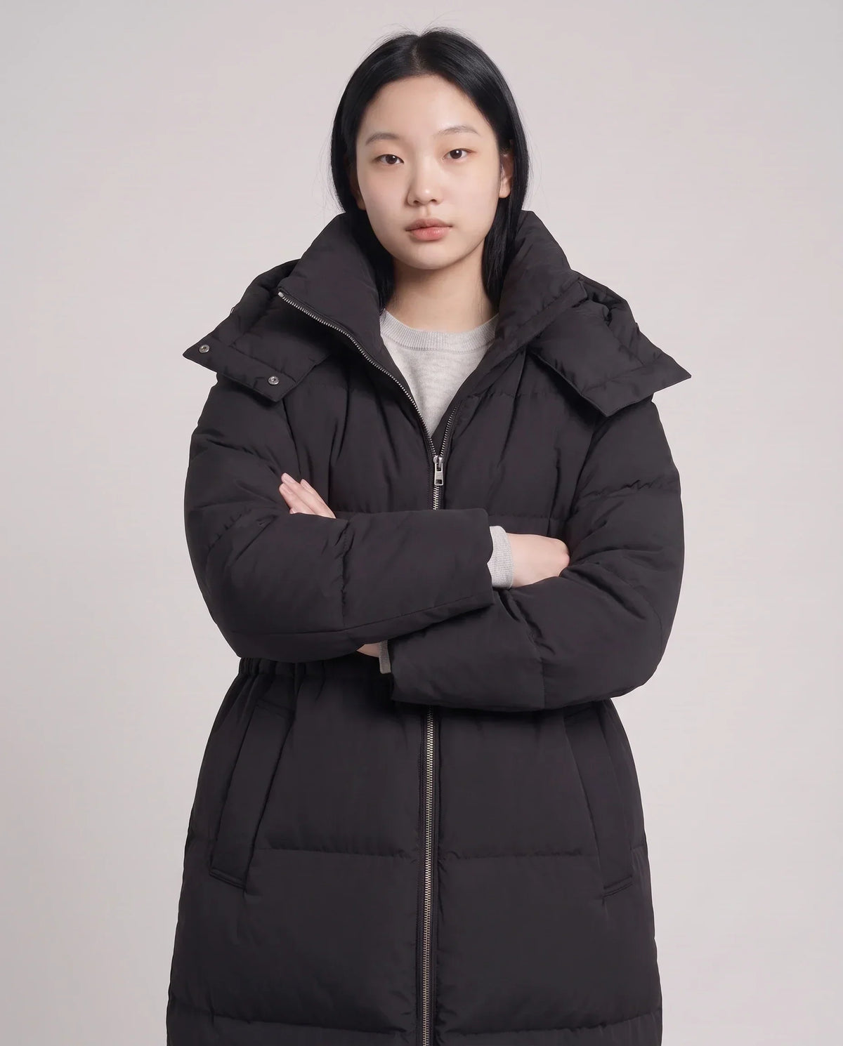 Long Oversized Puffer Jacket with Funnel Collar and Hood