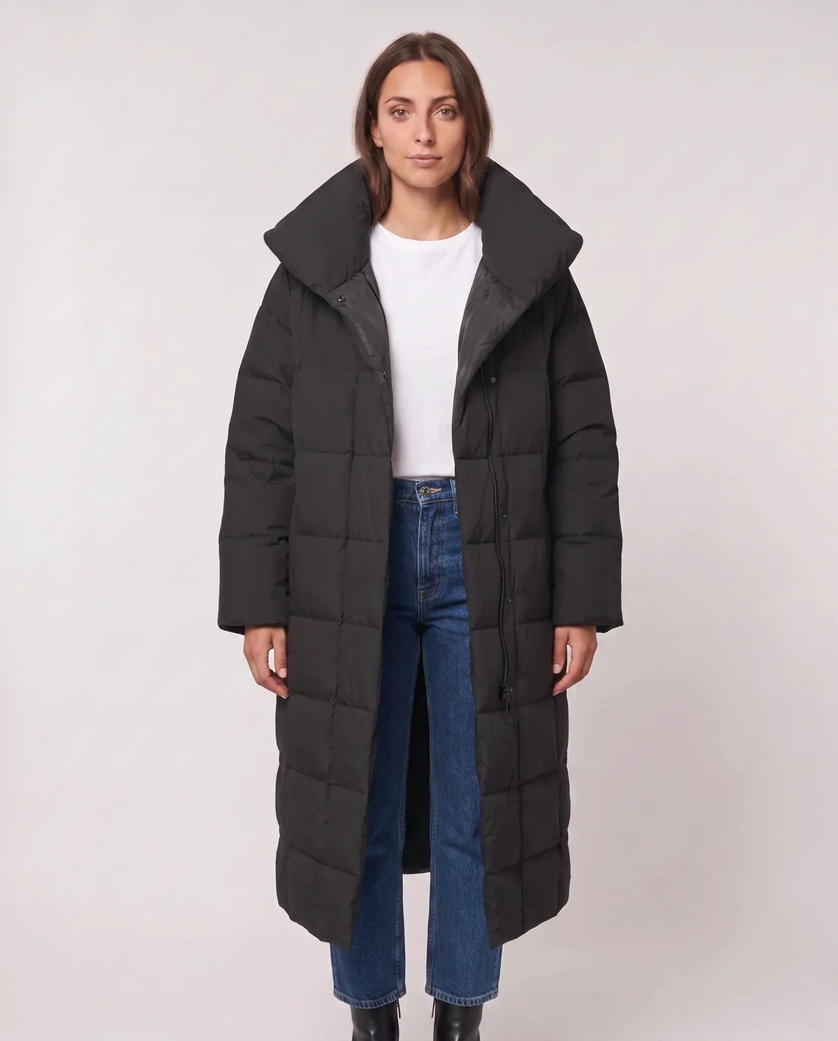 Long Oversized Puffer Jacket with Funnel Collar, No Hood