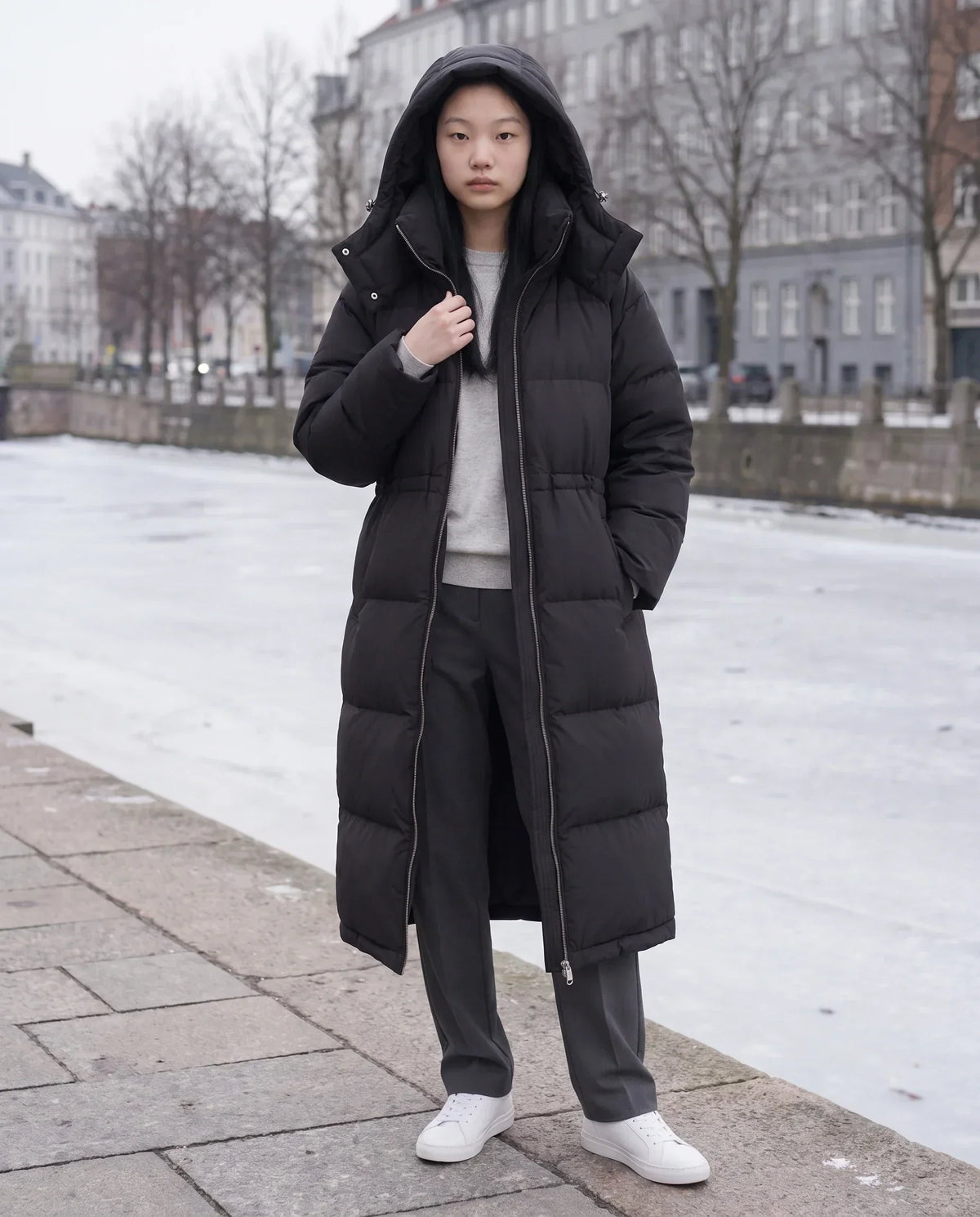 Long Oversized Puffer Jacket with Funnel Collar and Hood