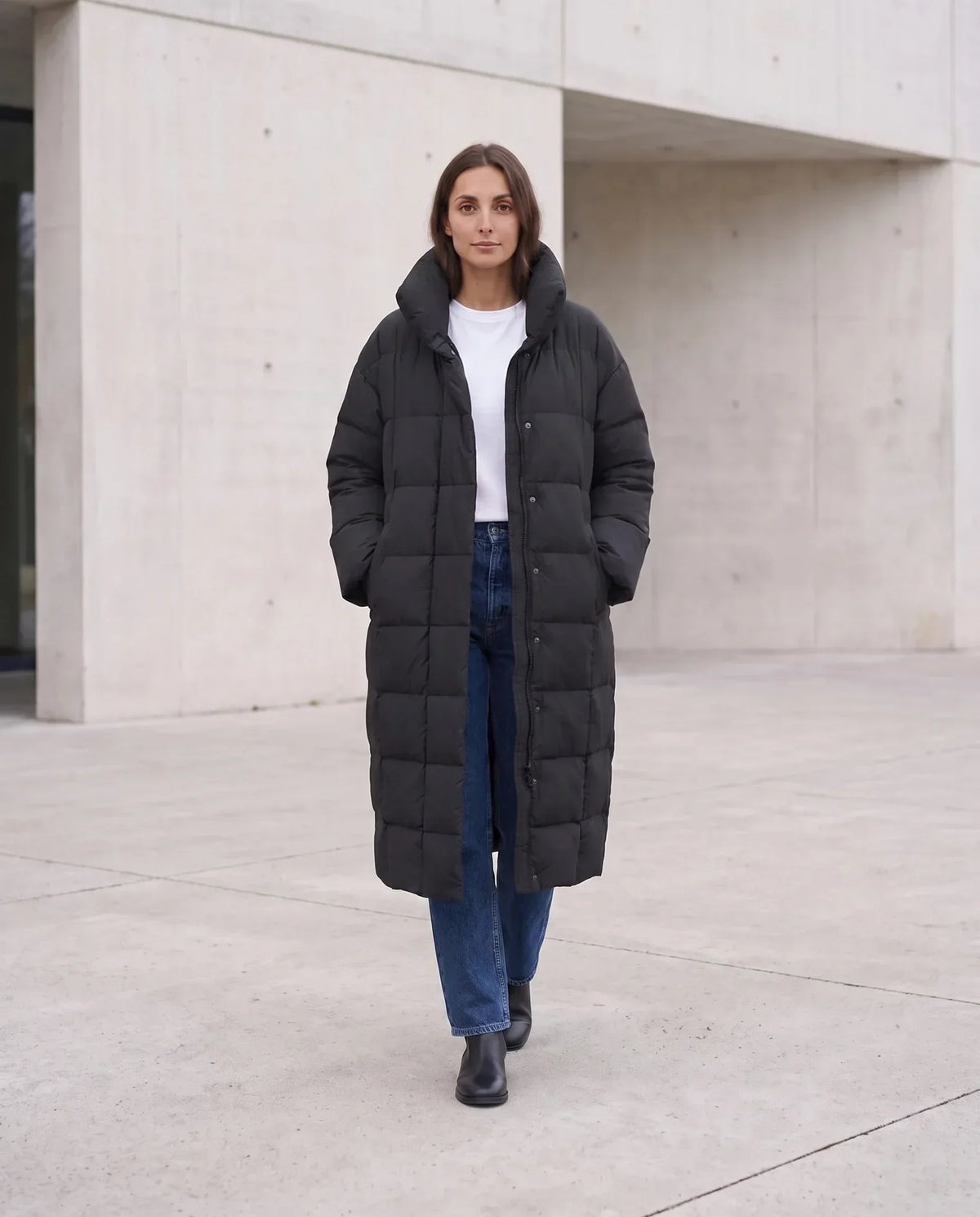 Long Oversized Puffer Jacket with Funnel Collar, No Hood