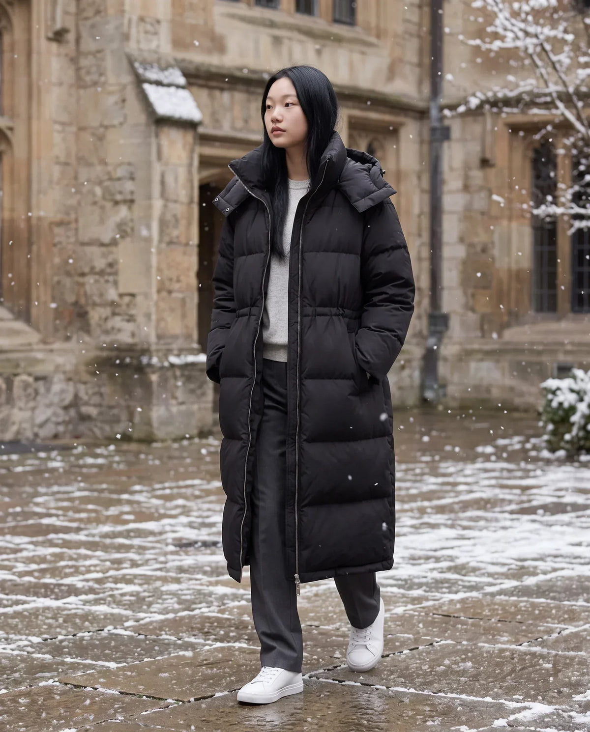 Long Oversized Puffer Jacket with Funnel Collar and Hood