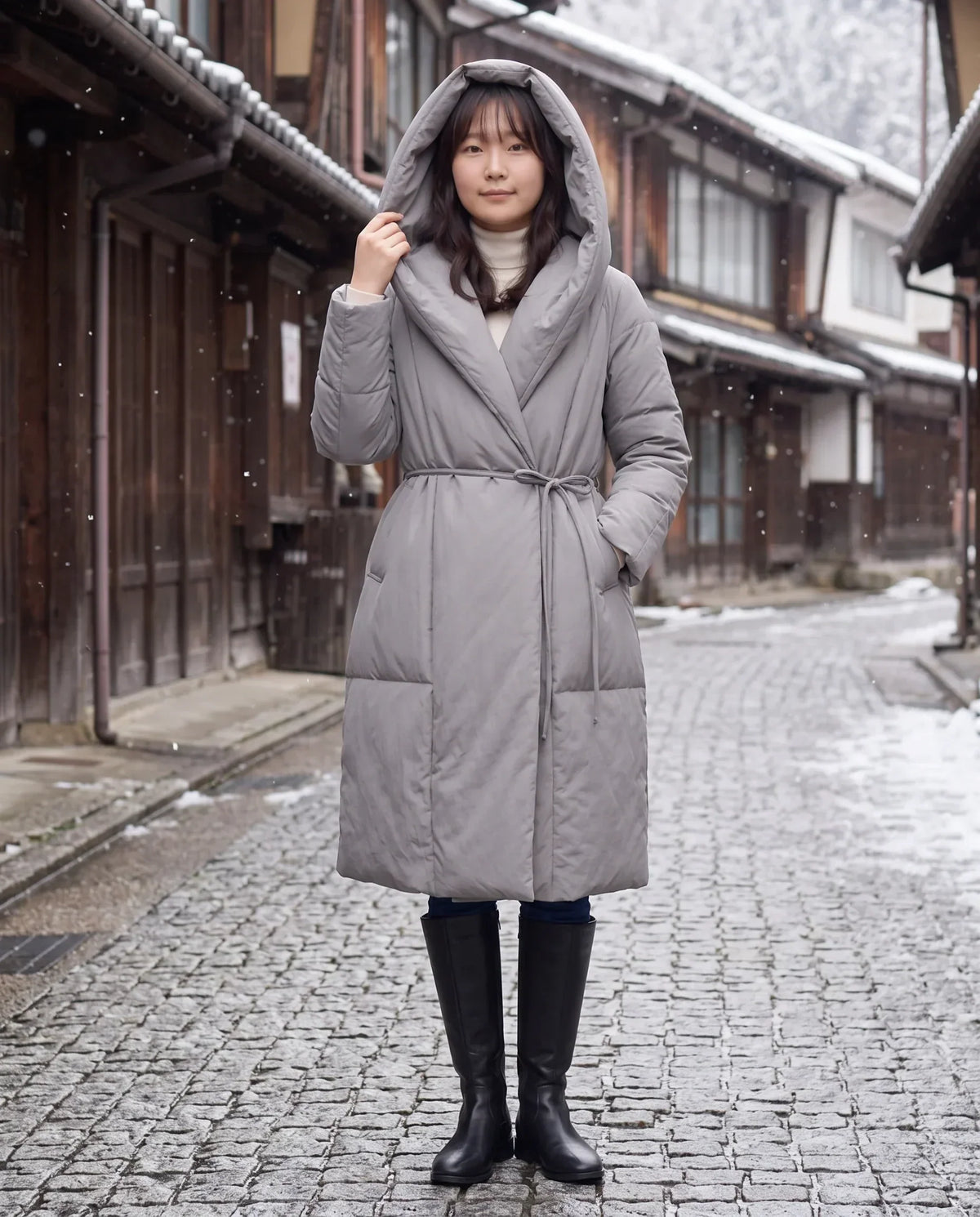 Long Oversized Wrap Puffer Coat with Hood