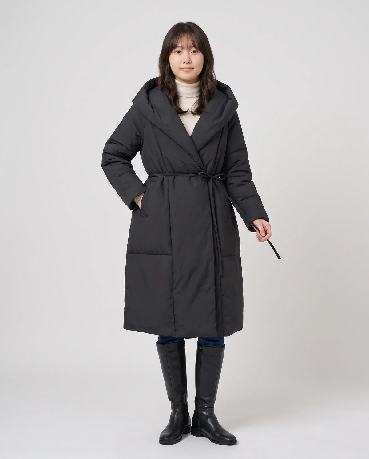Long Oversized Wrap Puffer Coat with Hood