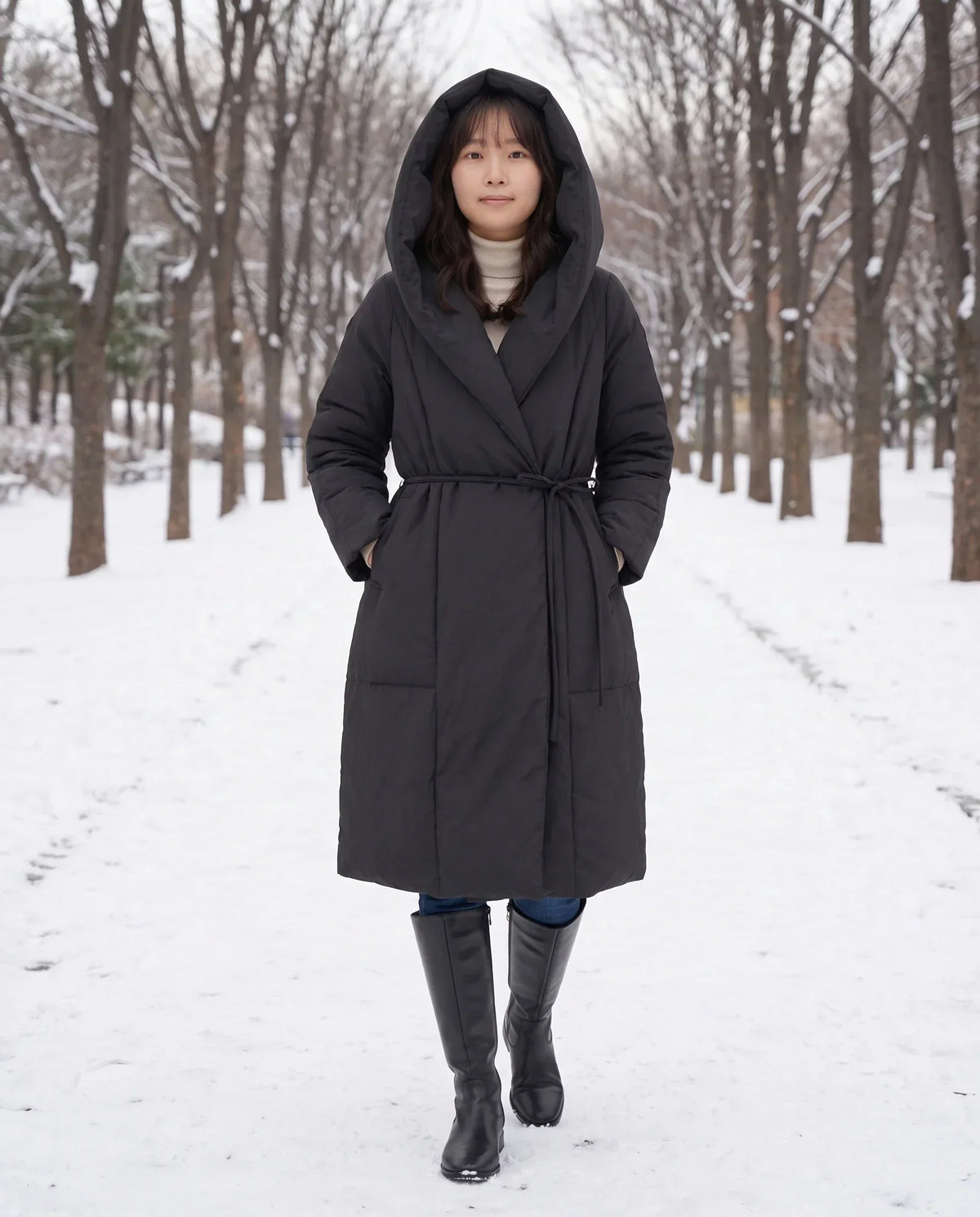 Long Oversized Wrap Puffer Coat with Hood