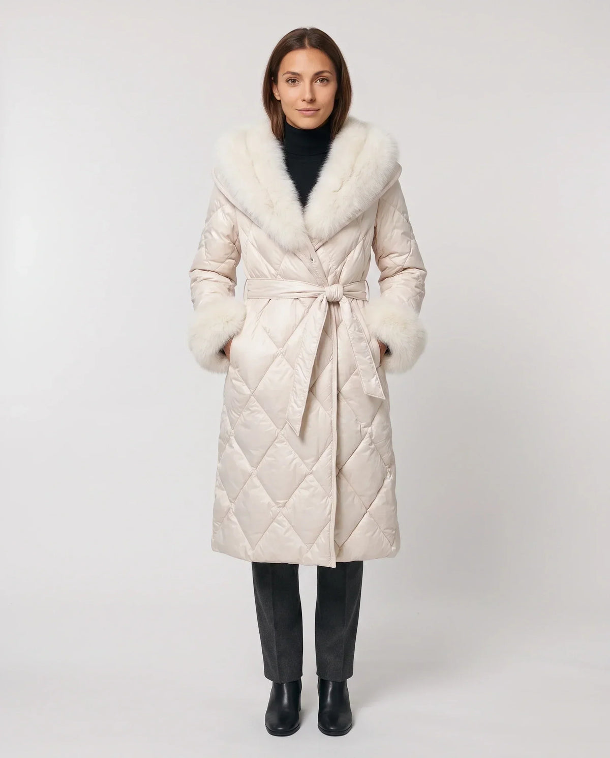 Long Wrap Puffer Jacket with Faux Fur Hood