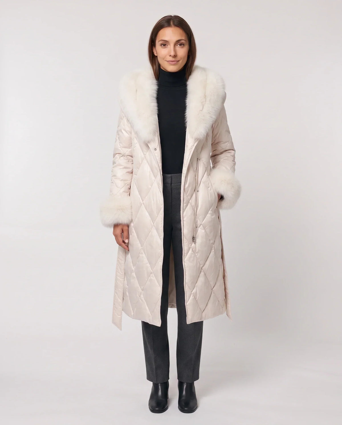 Long Wrap Puffer Jacket with Faux Fur Hood