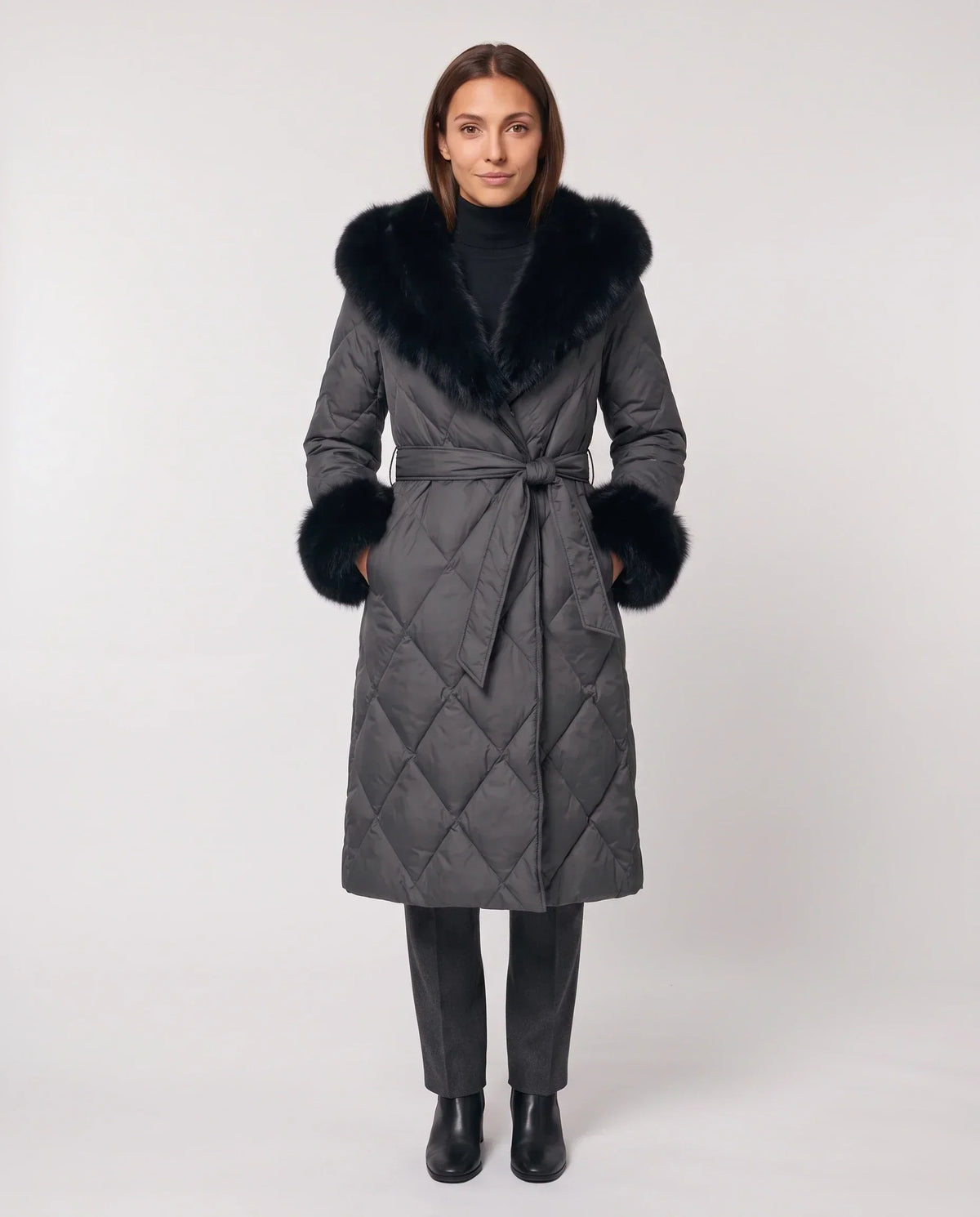 Long Wrap Puffer Jacket with Faux Fur Hood