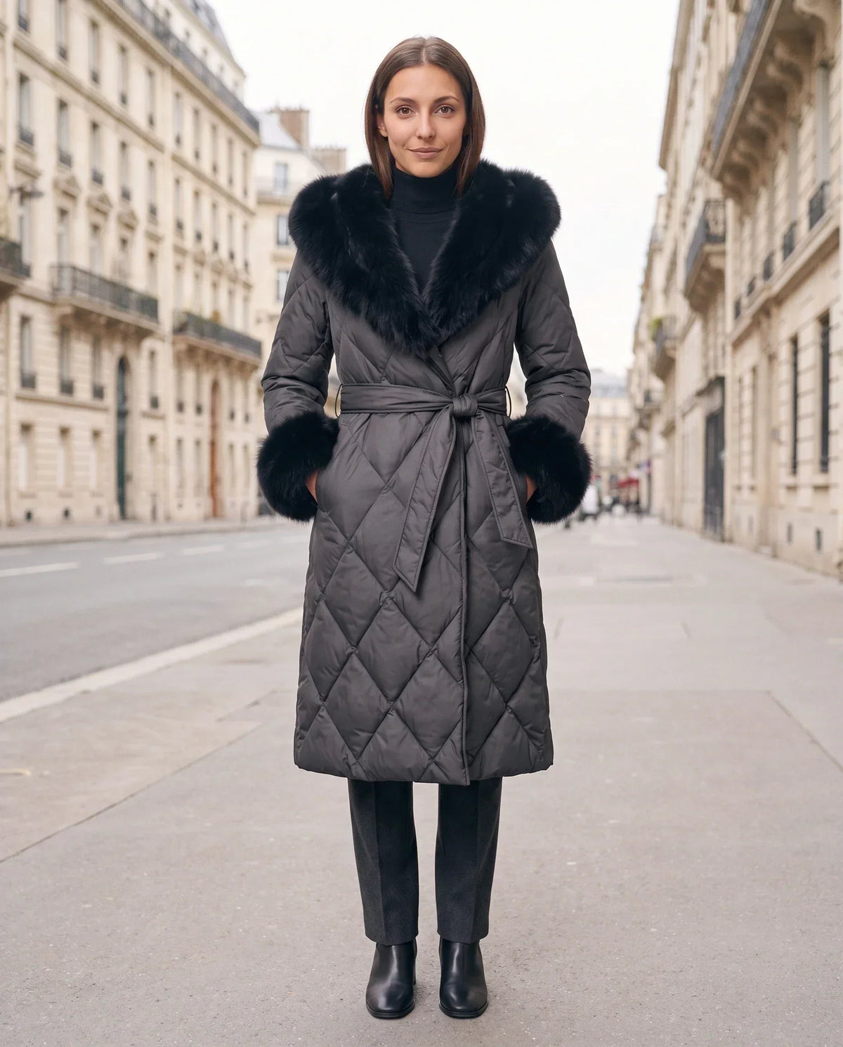 Long Wrap Puffer Jacket with Faux Fur Hood