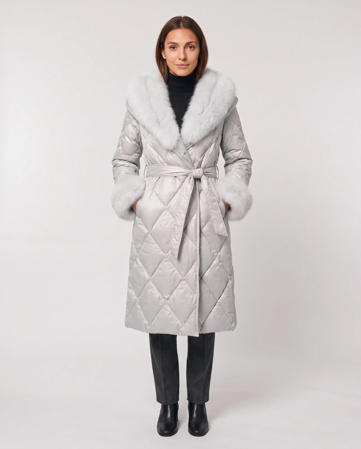 Long Wrap Puffer Jacket with Faux Fur Hood