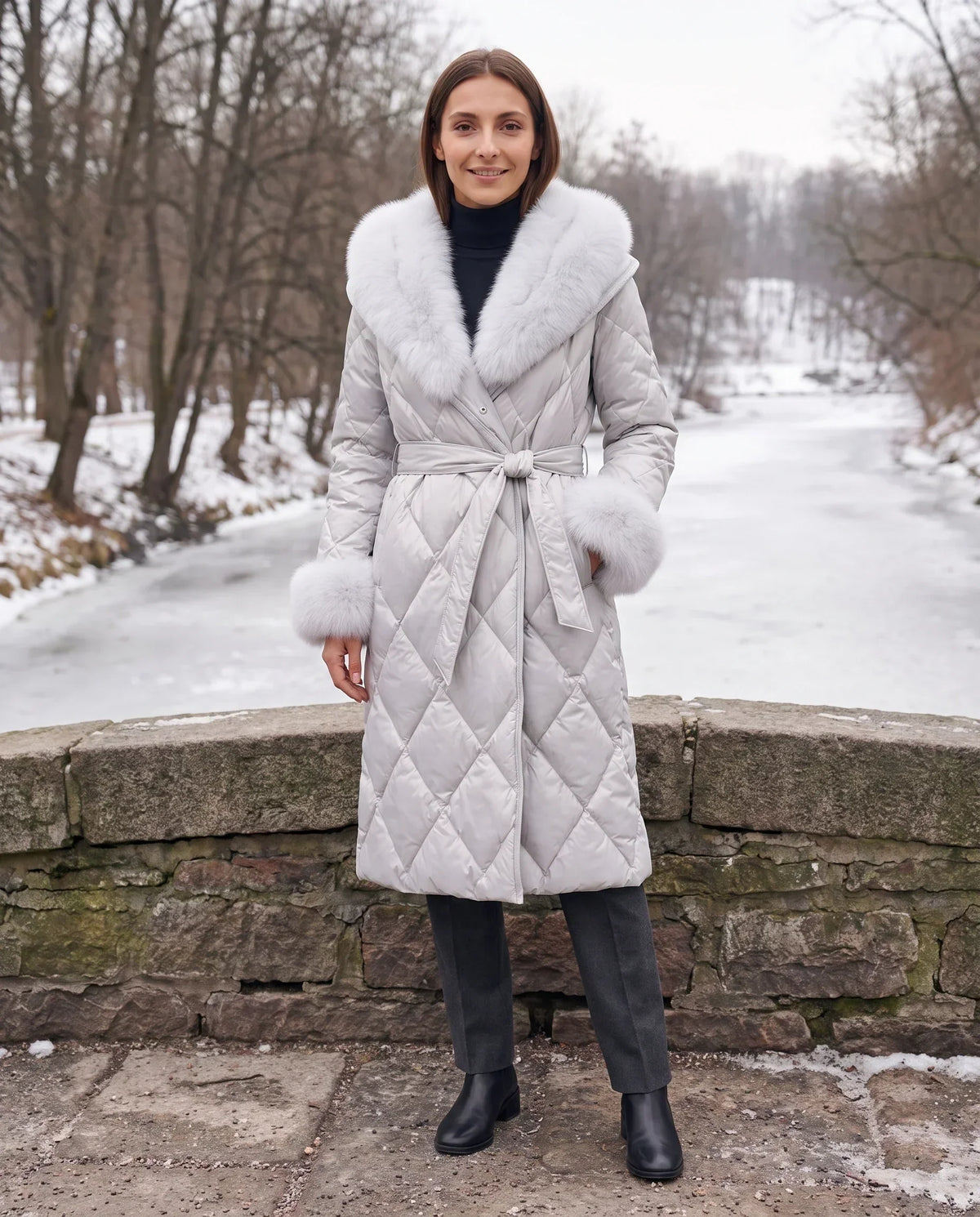 Long Wrap Puffer Jacket with Faux Fur Hood