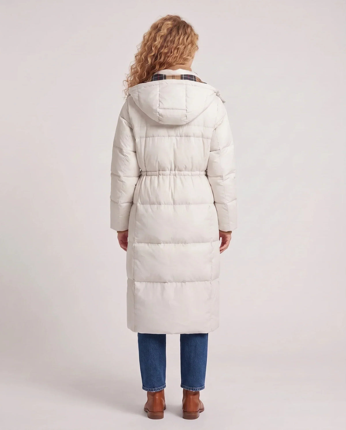 Long Hooded Puffer Jacket with Elasticated Waist