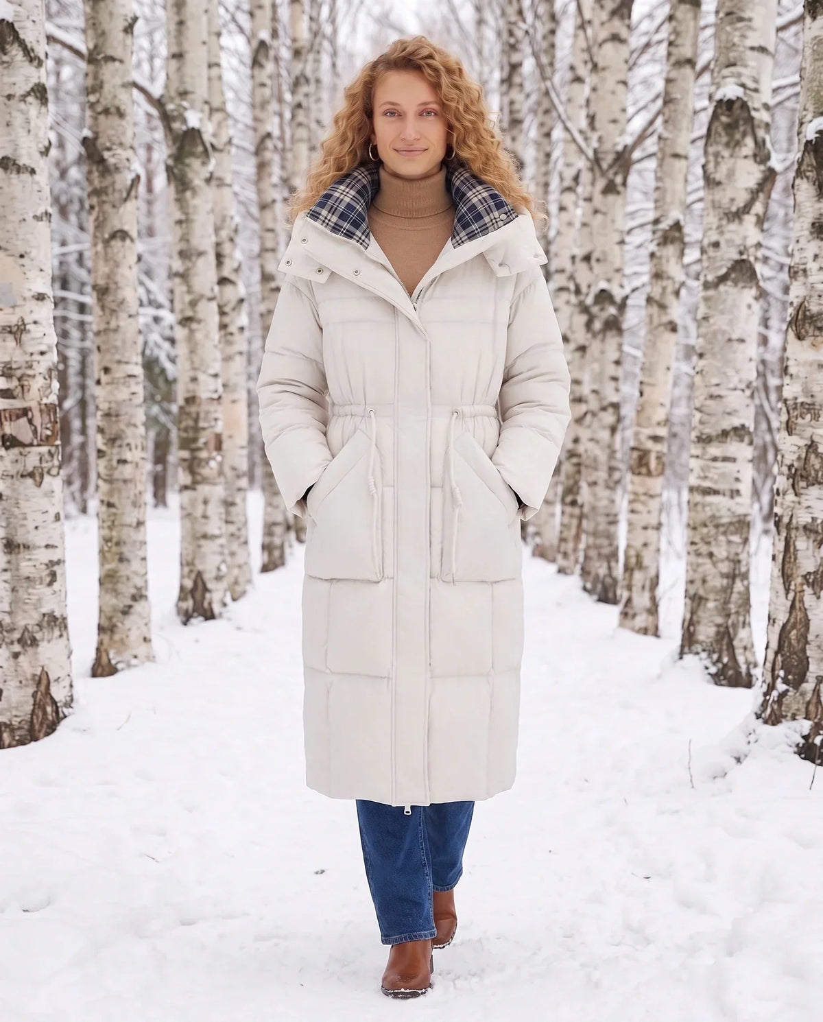 Long Hooded Puffer Jacket with Elasticated Waist