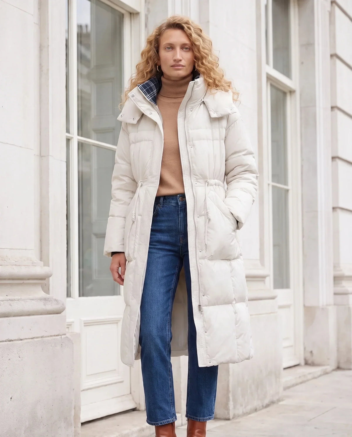 Long Hooded Puffer Jacket with Elasticated Waist