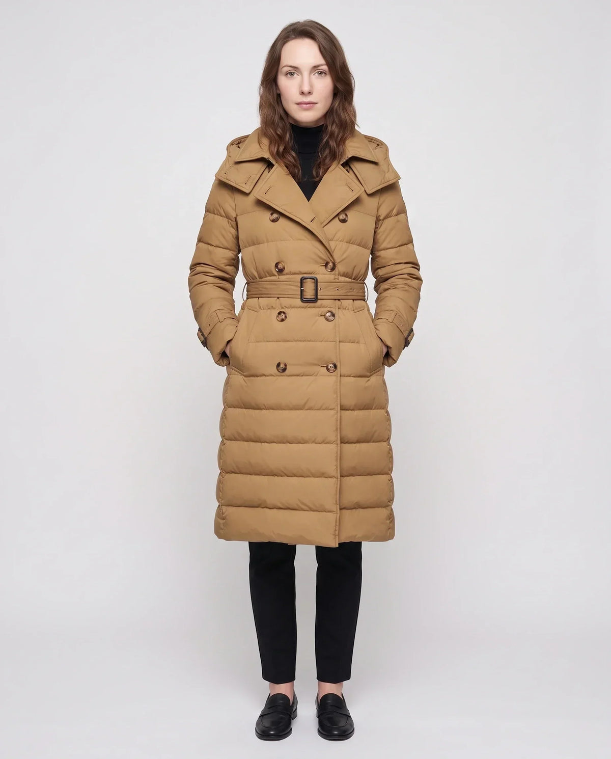 Long Trench-Style Puffer Jacket with Hood