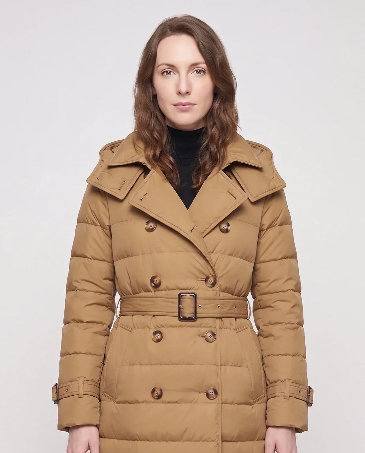 Long Trench-Style Puffer Jacket with Hood