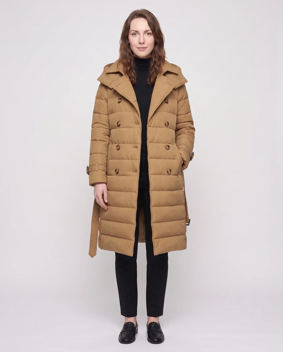 Long Trench-Style Puffer Jacket with Hood