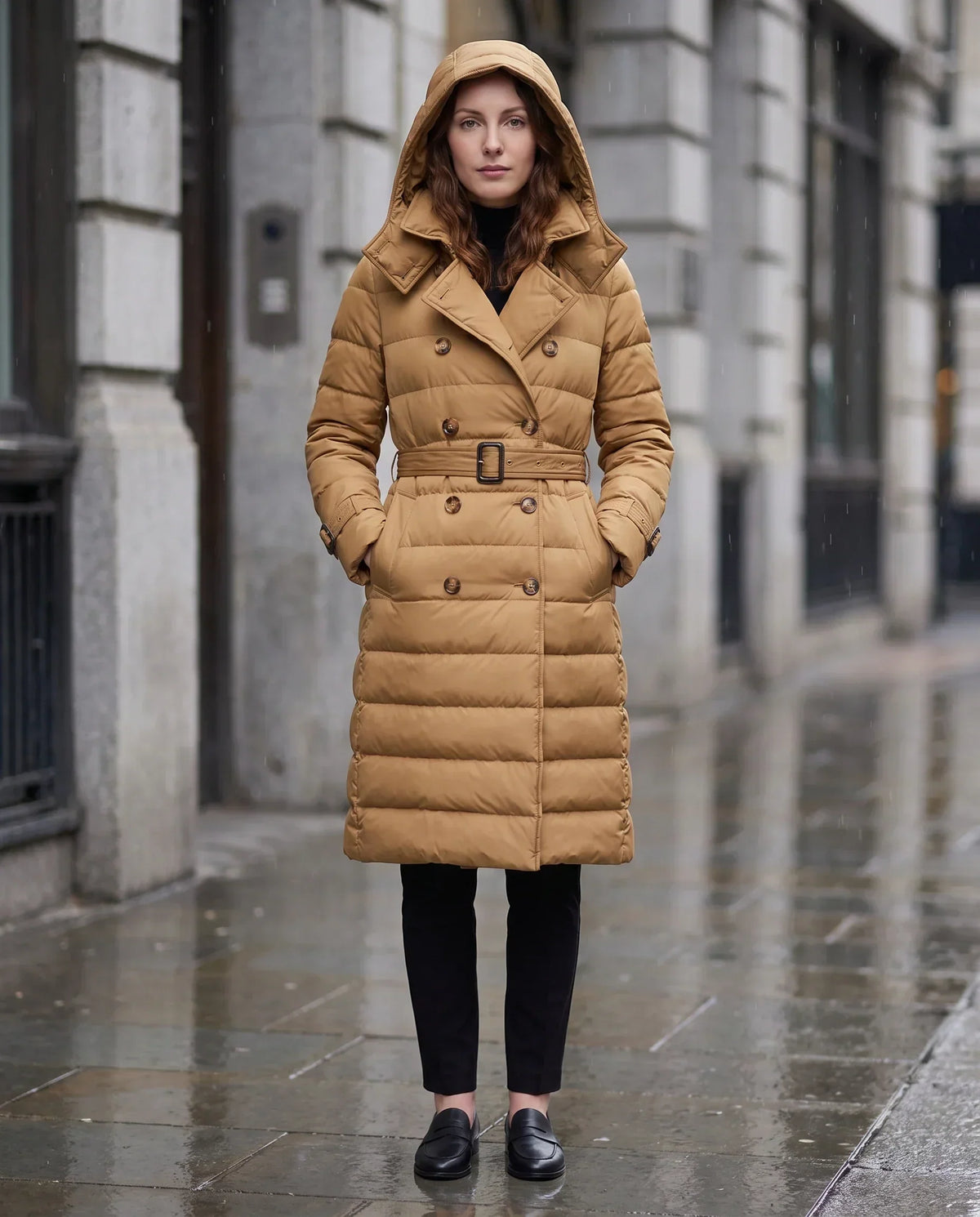 Long Trench-Style Puffer Jacket with Hood