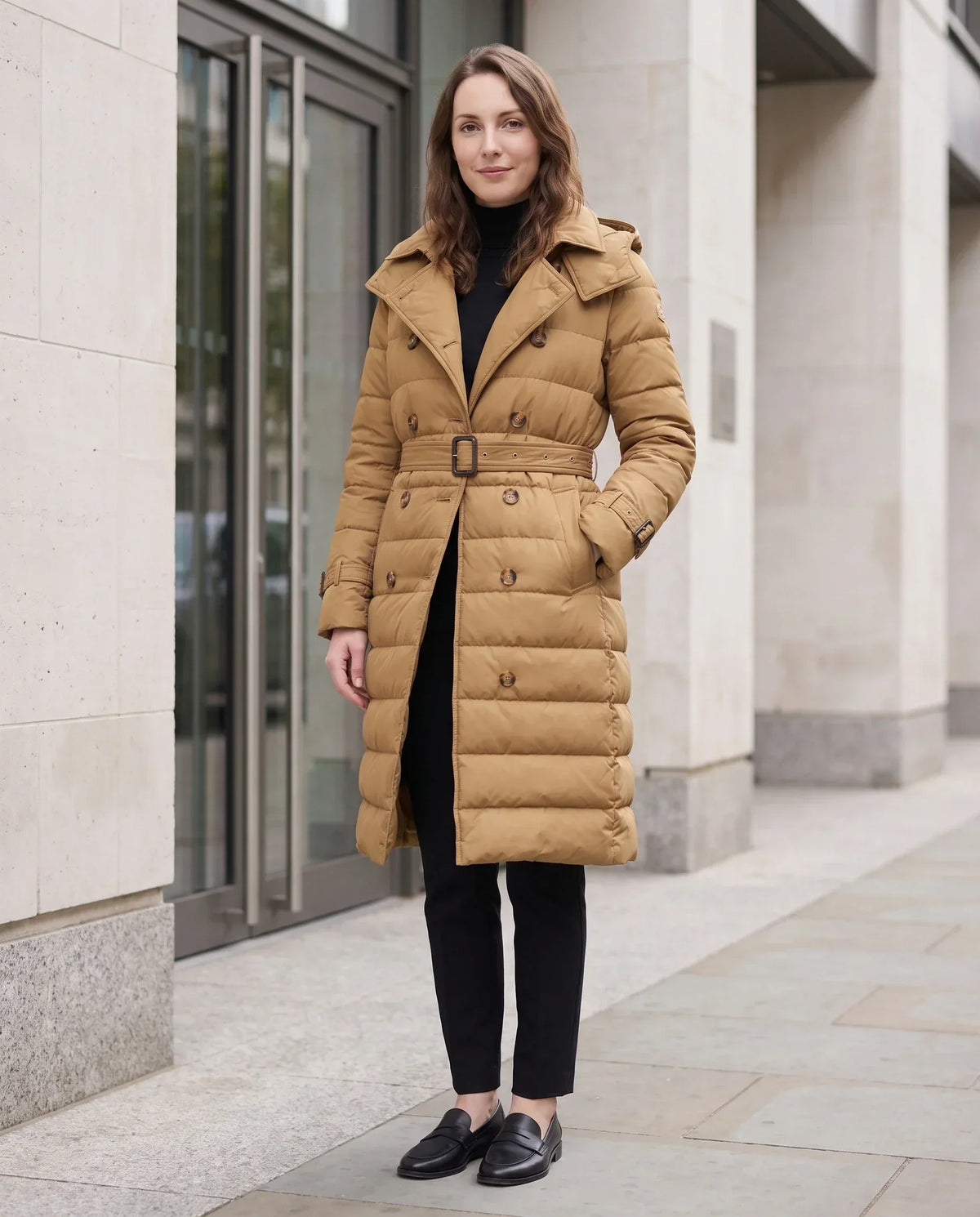 Long Trench-Style Puffer Jacket with Hood