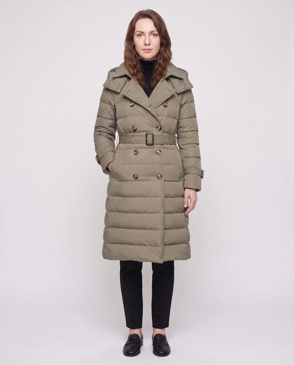 Long Trench-Style Puffer Jacket with Hood