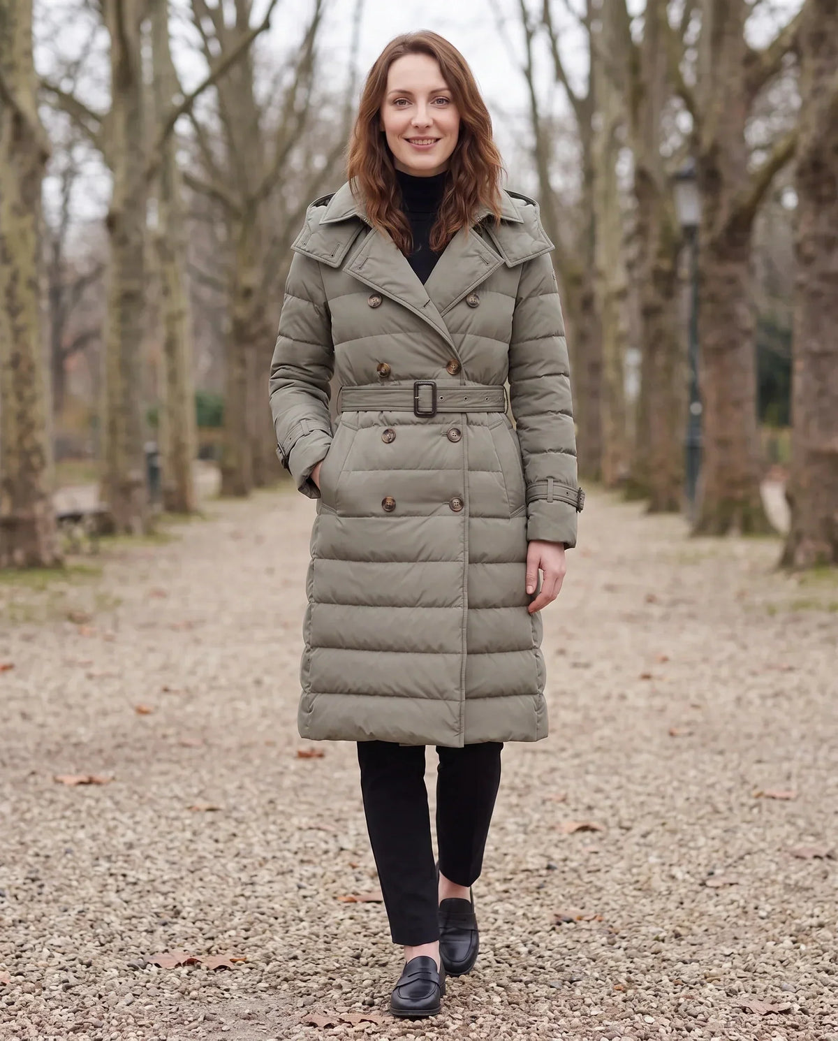 Long Trench-Style Puffer Jacket with Hood